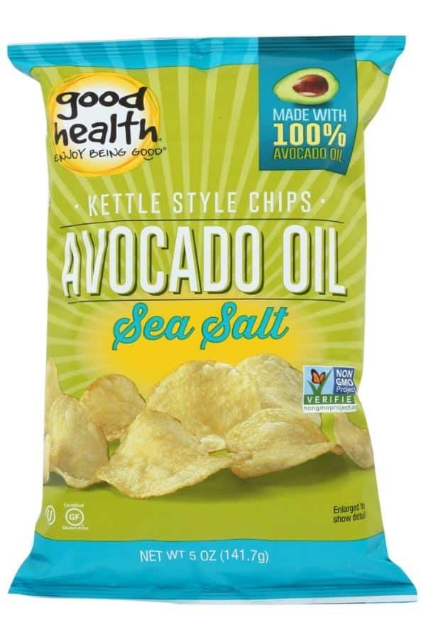 A bag of good health Avocado oil kettle style chips,