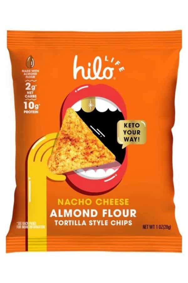 A bag of hilo life almond flour tortilla style chips.