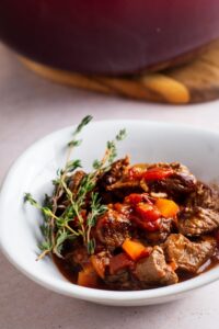 Keto carne picada in a white bowl.