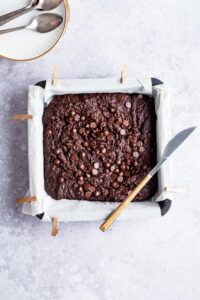 Low carb brownies in a square baking dish.