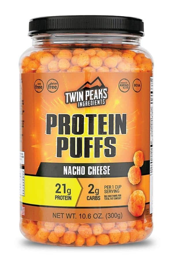 A container of Twin Peaks protein puffs.