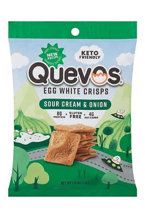 A bag of Quevos egg white crisps.