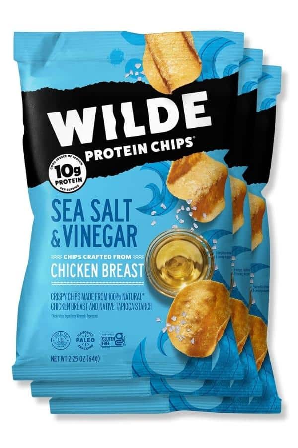 A bag of Wilde sea salt & vinegar chicken breast chips.