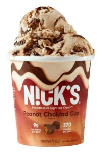 A tub of Nick's swedish-style light ice cream peanot choklad cup ice cream.
