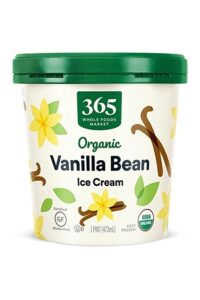 A tub of 365 organic vanilla bean ice cream.