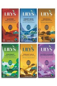 Six Lily's chocolate bars in two rows of three.