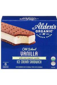 A box of Alden's organic vanilla ice cream sandwiches.