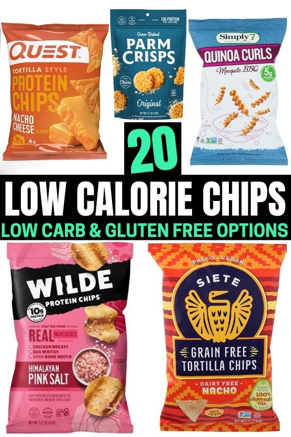 A compilation of five low calorie chip options.
