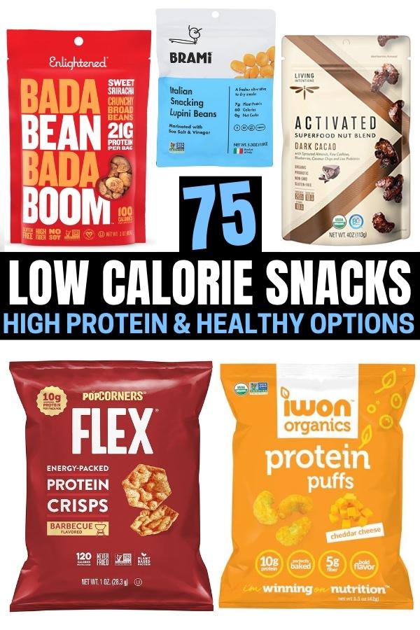 A compilation of five low calorie snacks.