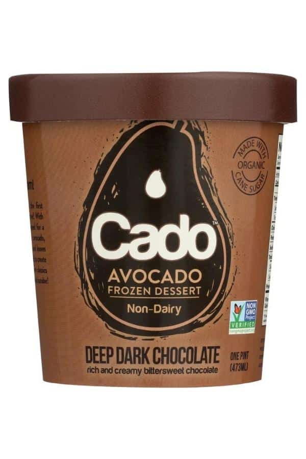 A tub of cado avocado non-dairy deep dark chocolate ice cream.