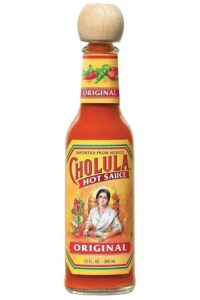 A bottle of Cholula hot sauce.