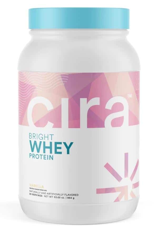 A tub of Cira bright whey protein.