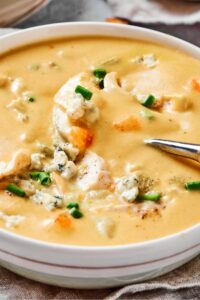 A spoon submerged in a bowl of buffalo chicken soup.