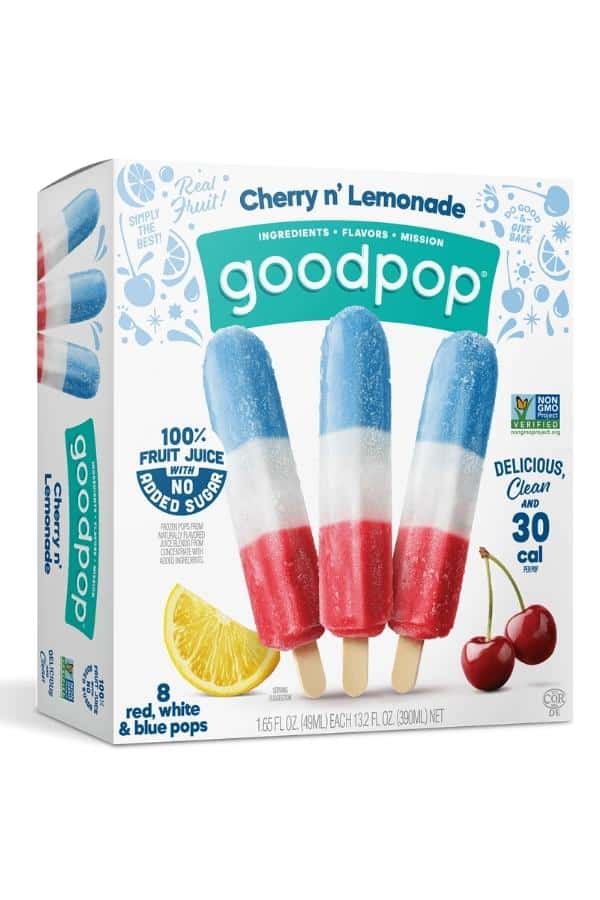 A box of goodpop cherry n' lemonade red, white, & blue pops.