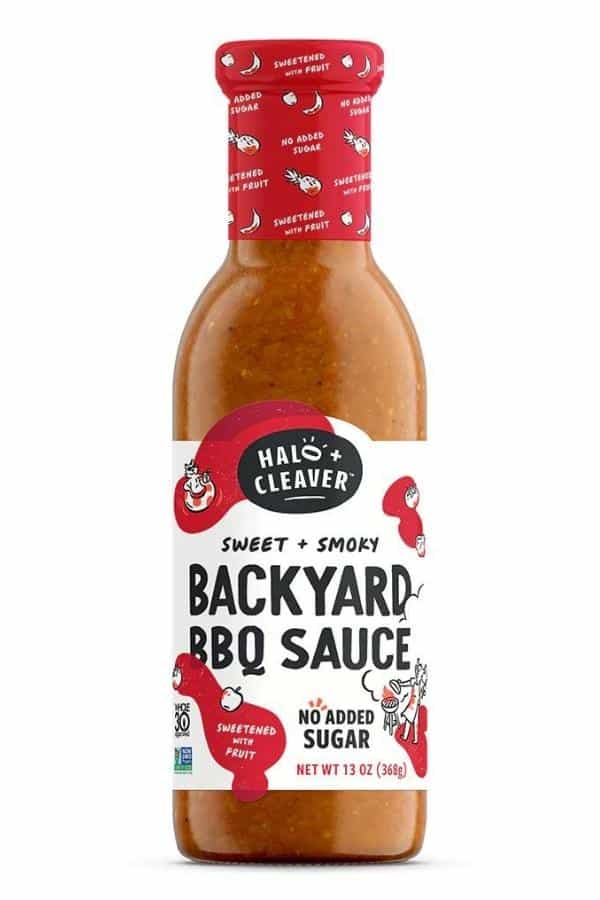 A bottle of Halo + Cleaver backyard bbq sauce.