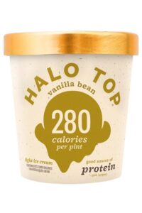 A tub of Halo Top vanilla bean ice cream.