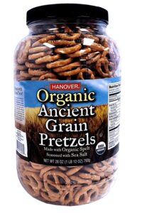 A container of Hanover organic ancient grain pretzels.