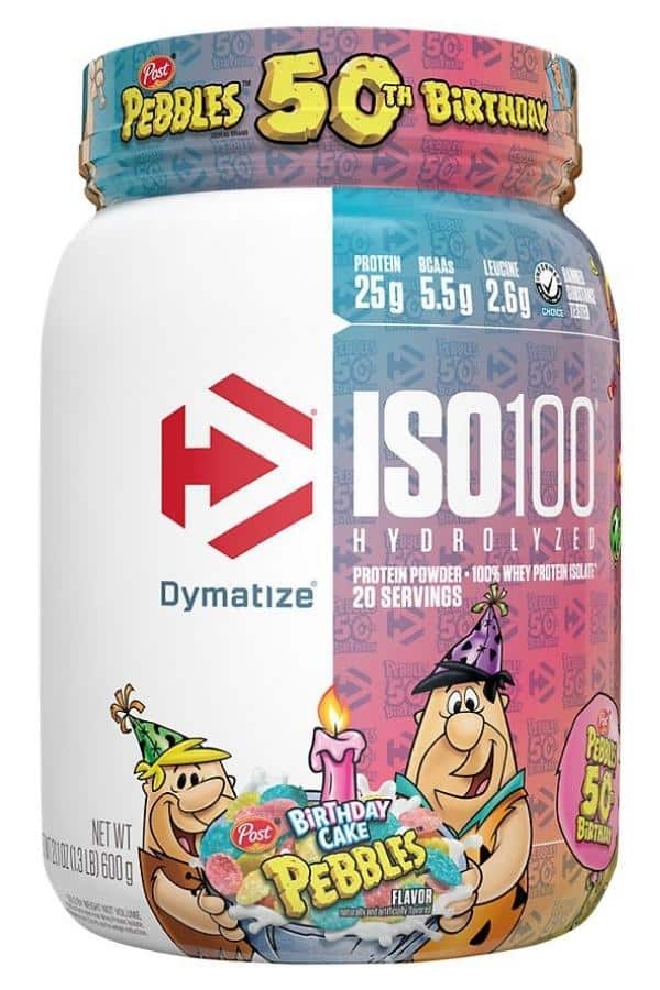 A tub of Dymatize Iso 100 hydrolized whey protein.