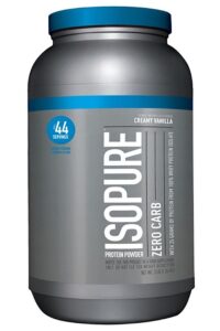 A tub of Isopure creamy vanilla protein powder.