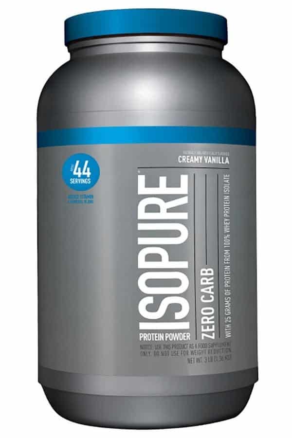 A tub of Isopure creamy vanilla protein powder.