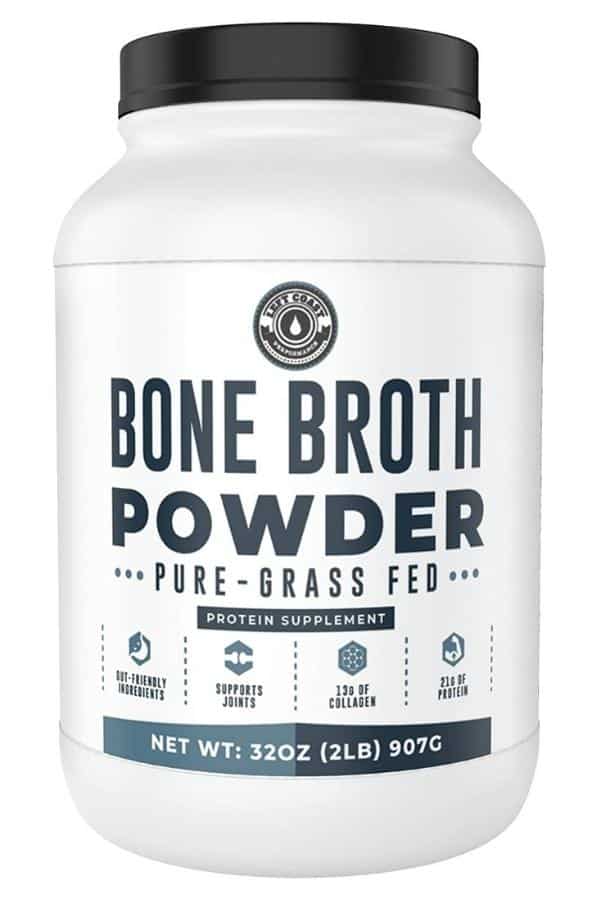 A tub of Left Coast bone broth protein powder.