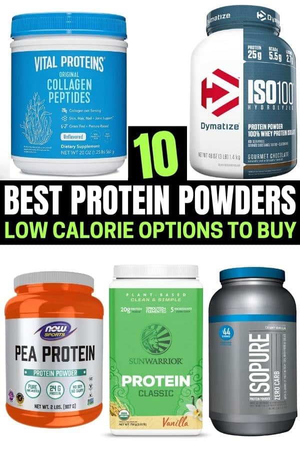 A compilation of five low calorie protein powders.
