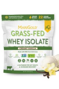 A bag of MariGold grass-fed whey isolate creamy vanilla flavor.