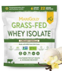 A bag of MariGold grass-fed whey isolate creamy vanilla flavor.