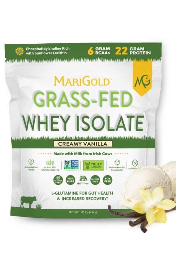 A bag of MariGold grass-fed whey isolate creamy vanilla flavor.