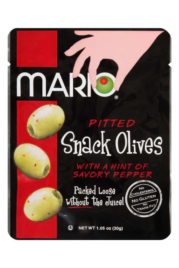 A pack of mario pitted snack olives.
