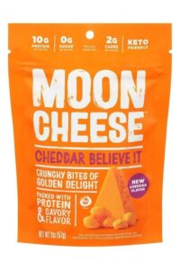 A bag of Moon Cheese cheddar flavor.