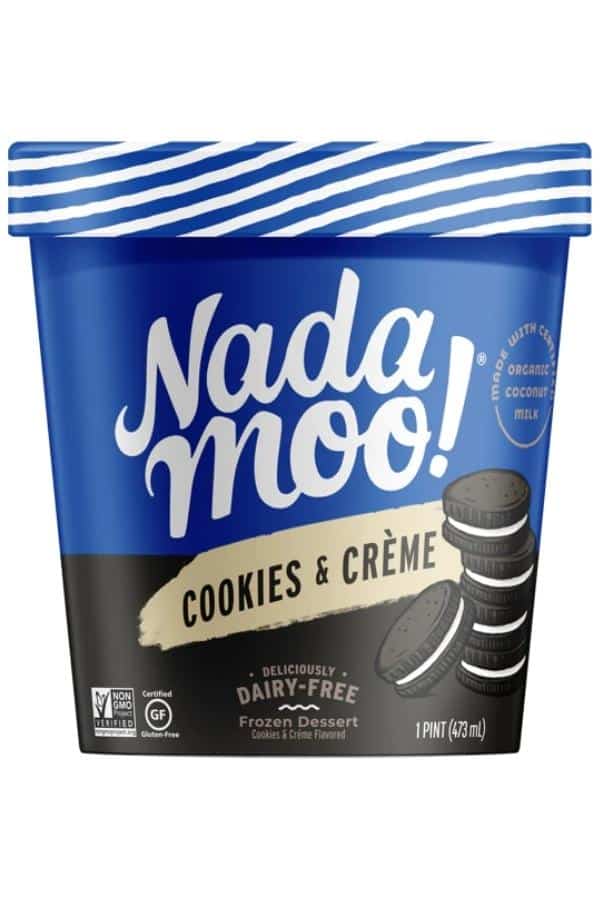 A tub of nadamoo cookies & creme dairy free ice cream.