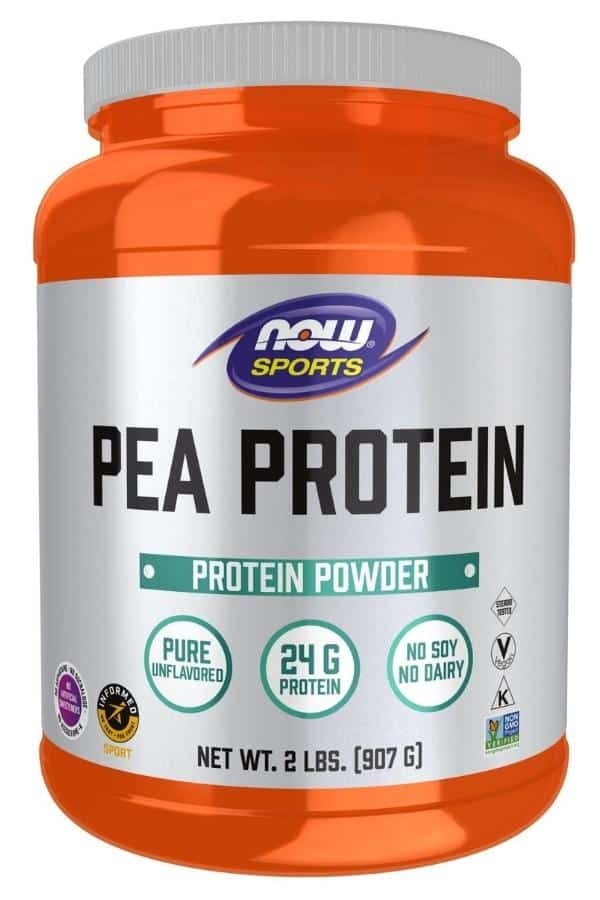 A tub of now sports pean protein powder.