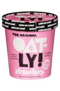 A tub of Oatly strawberry ice cream.