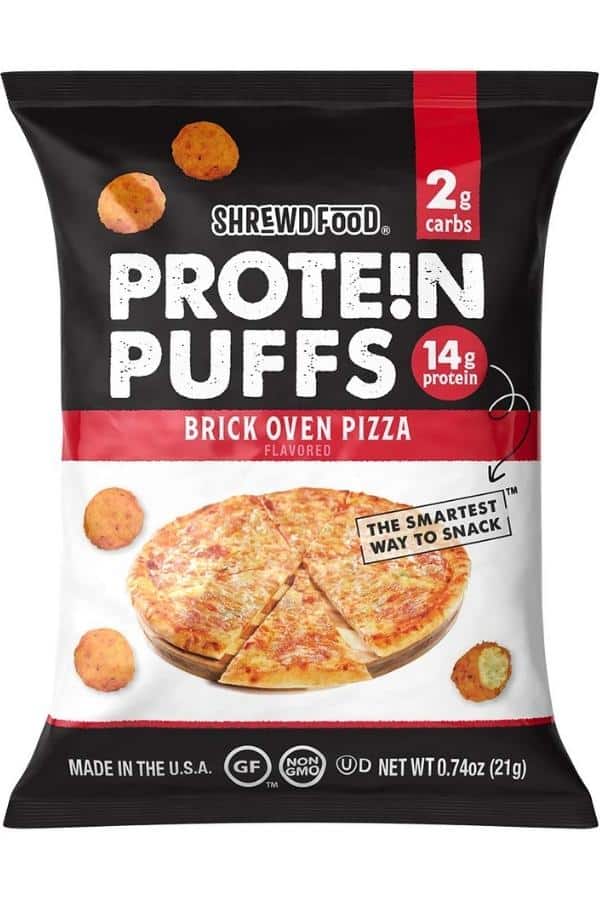 A bag of Shrewd Foods protein puffs.