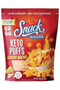 A bag of Snack house loaded nacho keto puffs.