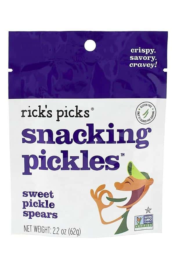 A pack of Rick's Picks snacking pickles sweet pickle spears.