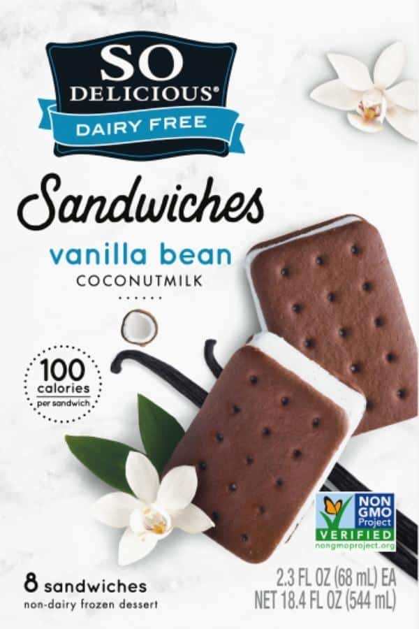 A box of So Delicious coconutmilk ice cream sandwiches.