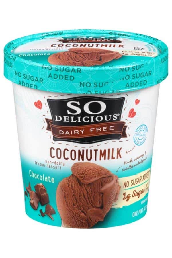 A tub of So Deliciouis sugar free chocolate coconutmilk ice cream.