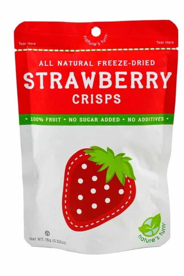 A bag of all naturla freeze dried strawberry crisps.