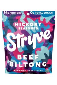 A bag of Stryve hickory seasoned beef biltong.