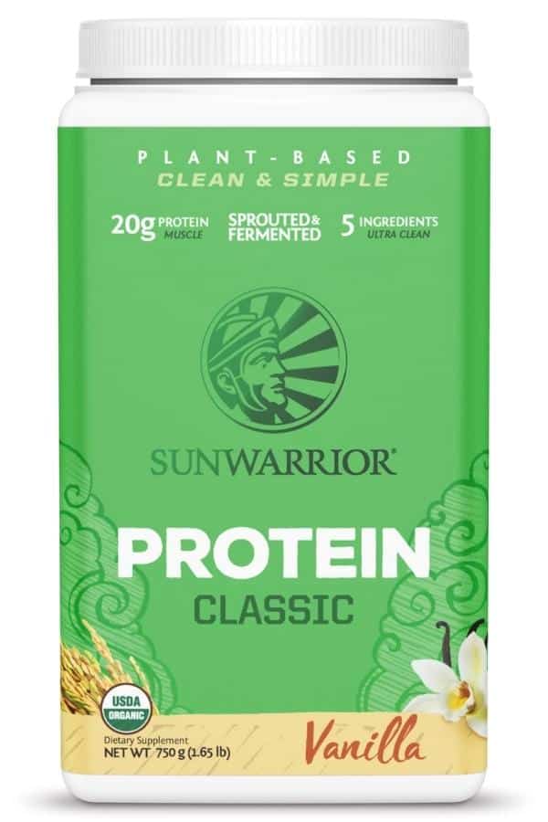 a tub of Sun Warrior protein classic vanilla flavor.