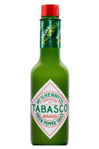 A bottle of Tabasco green pepper sauce.