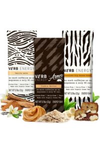 Three verb energy bars in a row with the flavor ingredients in front of the bars.