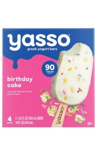 A box of yassp birthday cake greek yogurt bars.