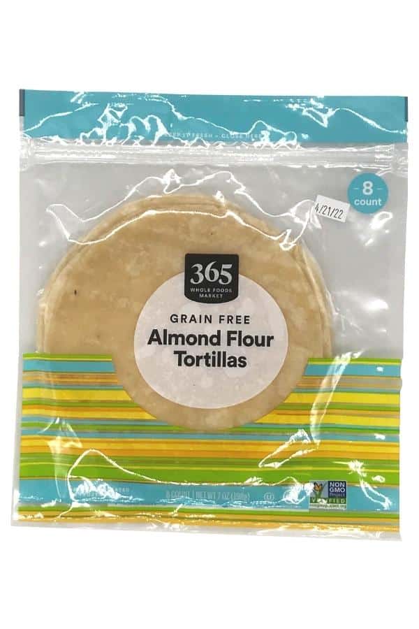 A package of Whole Foods 365 grain free almond flour tortillas.