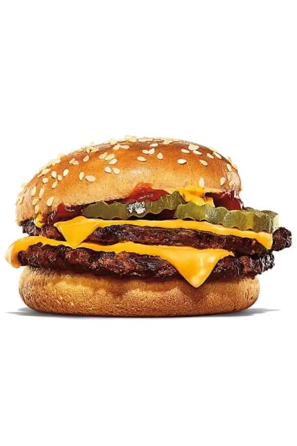 A double cheeseburger with pickles, mustard, and ketchup.