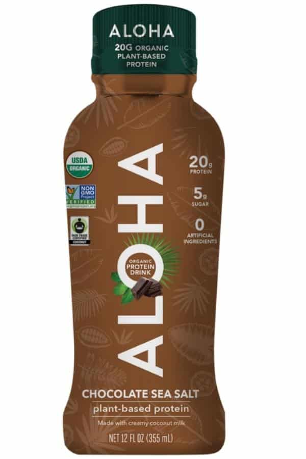 A bottle of aloha chocolate sea salt plant-based protein shake.