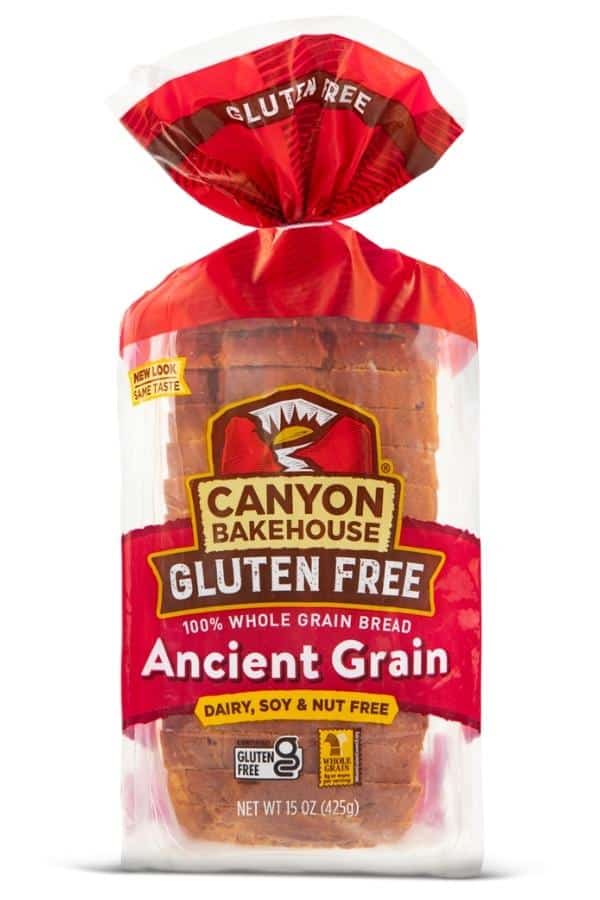 A bag of canyon bakehouse gluten free ancient grain bread.
