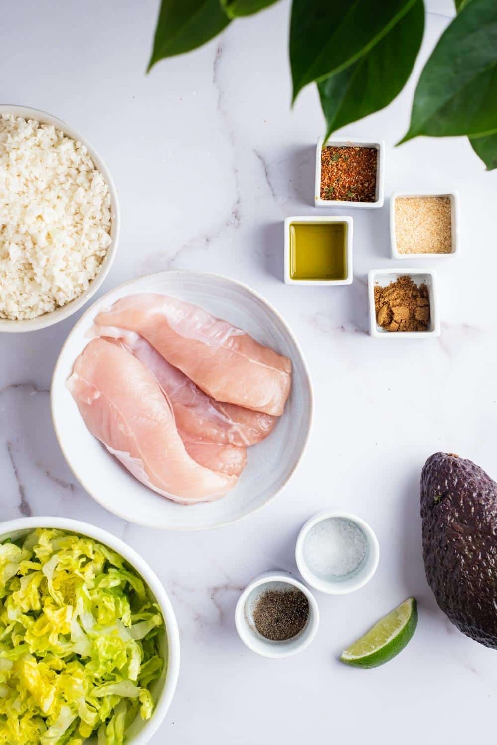 Chicken breasts on a plate, a bowl of lettuce, a few bowls of seasonings, and part of a bowl of cauliflower rice.